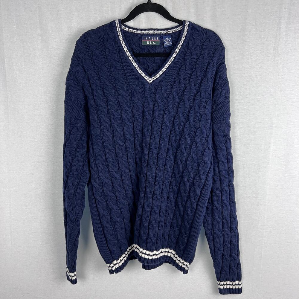 Vintage Preppy Cable Knit Sweater Women XL Navy Blue Varisty School Old Money